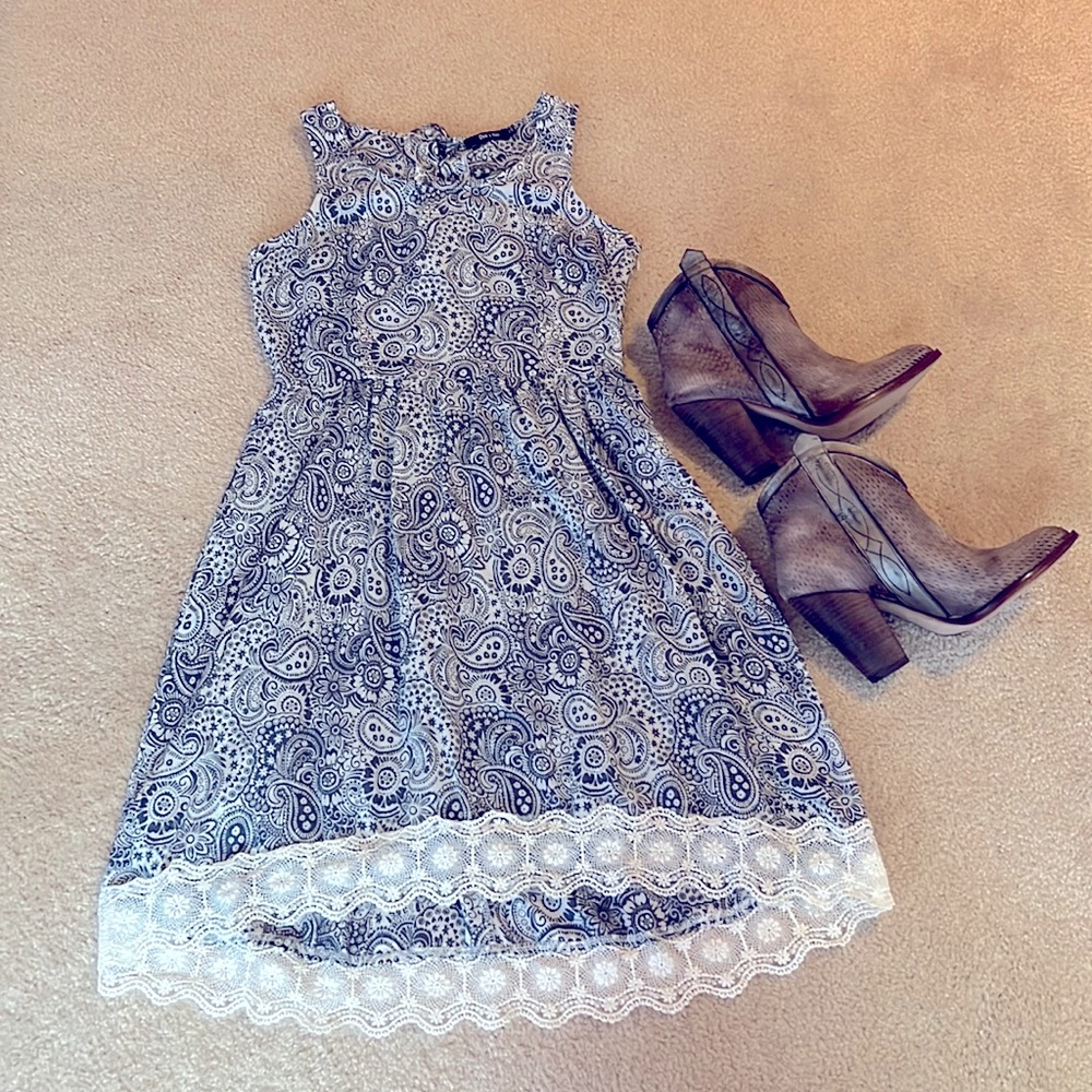 Hi low light denium blue and white A line summer dress. Southwestern. Spring